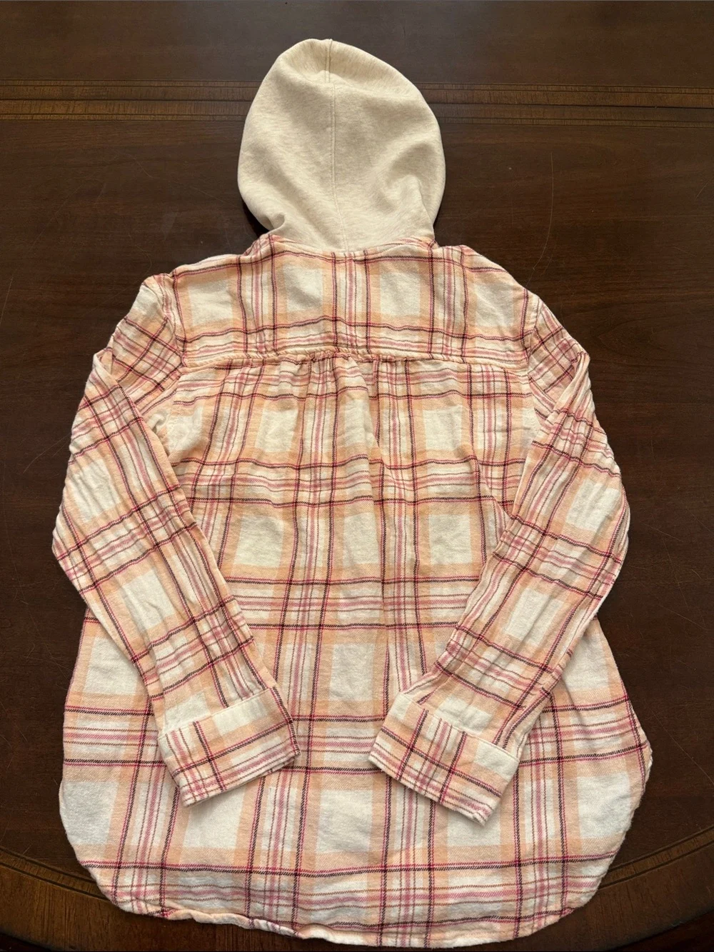 Old Navy Cream and Pink Plaid Hooded Button-Down Shirt